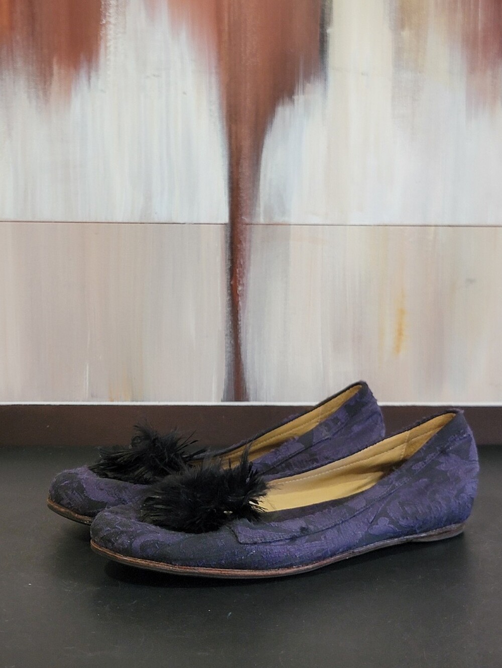 Lanvin Purple Jacquard Floral Ballet Flats Feather Accent Women’s US 7 EU 38